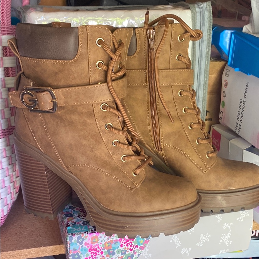 Guess Women's Tan Lace-Up Ankle Boots